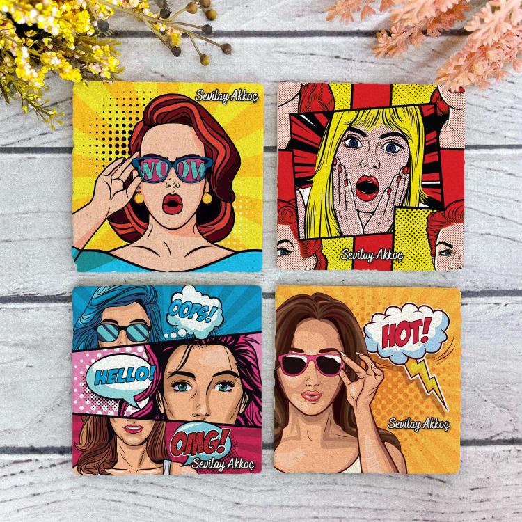 Kişiye%20Özel%20Popart%20Girl%204’lü%20Taş%20Bardak%20Altlığı